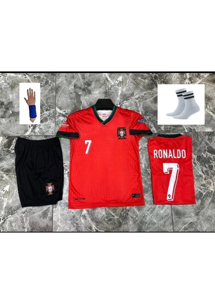 Ronaldo Portekiz Kırmızı*siyah Çocuk Alt-Üst Takım T-Shrt +Şort+Çorap+Bileklik