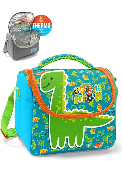 Kids Mavi Yeşil Dinozor Desenli Thermo Beslenme Çantası 12792