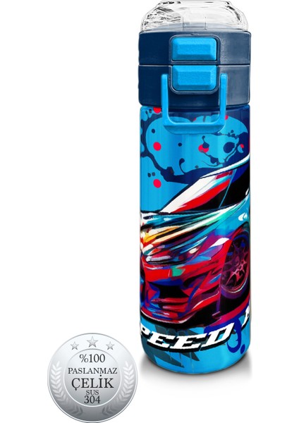 Kids Gri Mavi Yarış Arabası Desenli Pipetli ve Direkt Içim Çelik Termos 500 ml 31815