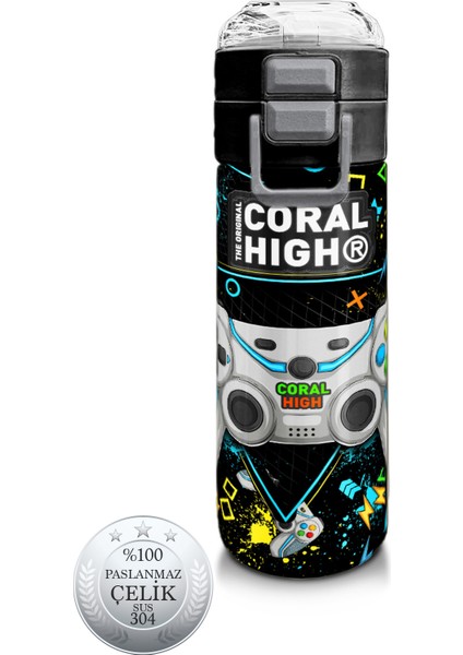 Kids Siyah Fosforlu Yeşil Gamer Desenli Pipetli ve Direkt Içim Çelik Termos 500 ml 31817