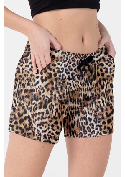 Leopar Desenli Renkli Iki Cepli Kısa Kadın Deniz ve Havuz Şortu