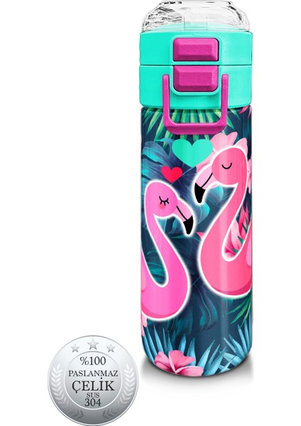 Kids Neon Mercan Su Yeşili Flamingo Desenli Pipetli ve Direkt Içim Çelik Termos 500 ml 31819