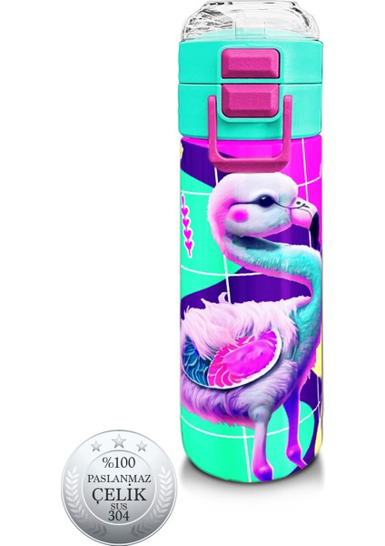 Kids Pembe Su Yeşili Flamingo Desenli Pipetli ve Direkt Içim Çelik Termos 500 ml 31811