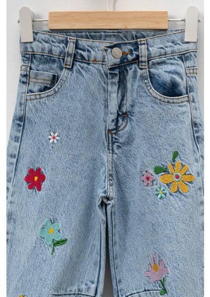 Papatya Nakışlı Paça Detaylı Kız Çocuk Mavi Jean Kot Pantolon fiyatları