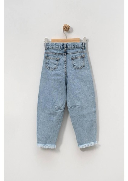 Papatya Nakışlı Paça Detaylı Kız Çocuk Mavi Jean Kot Pantolon modelleri