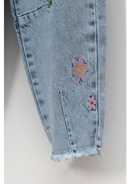Papatya Nakışlı Paça Detaylı Kız Çocuk Mavi Jean Kot Pantolon fırsatları