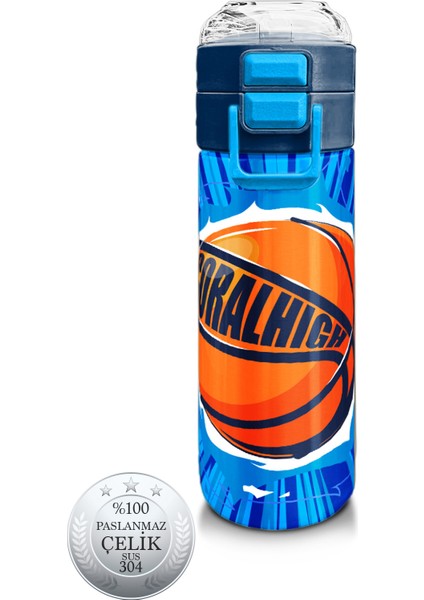 Kids Lacivert Mavi Basketbol Desenli Pipetli ve Direkt Içim Çelik Termos 500 ml 31833