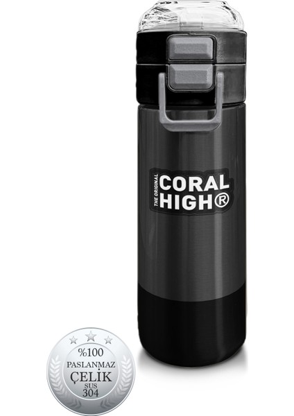 Kids Koyu Gri Siyah Desenli Pipetli ve Direkt Içim Çelik Termos 500 ml 31824