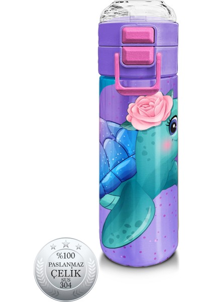 Kids Açık Pembe Mavi Kaplumbağa Desenli Pipetli ve Direkt Içim Çelik Termos 500 ml 31808