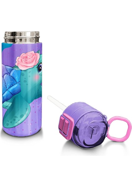 Kids Açık Pembe Mavi Kaplumbağa Desenli Pipetli ve Direkt Içim Çelik Termos 500 ml 31808
