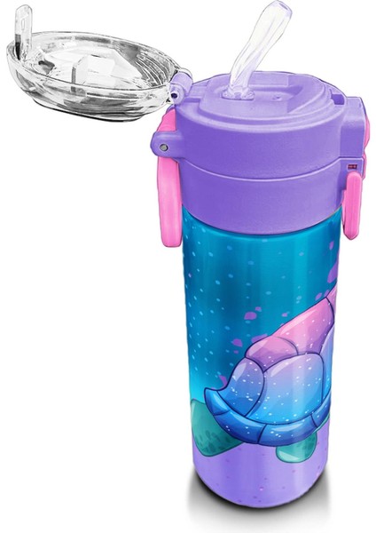 Kids Açık Pembe Mavi Kaplumbağa Desenli Pipetli ve Direkt Içim Çelik Termos 500 ml 31808