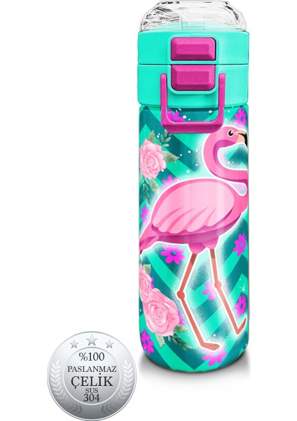 Kids Su Yeşili Pembe Flamingo Desenli Pipetli ve Direkt Içim Çelik Termos 500 ml 31820