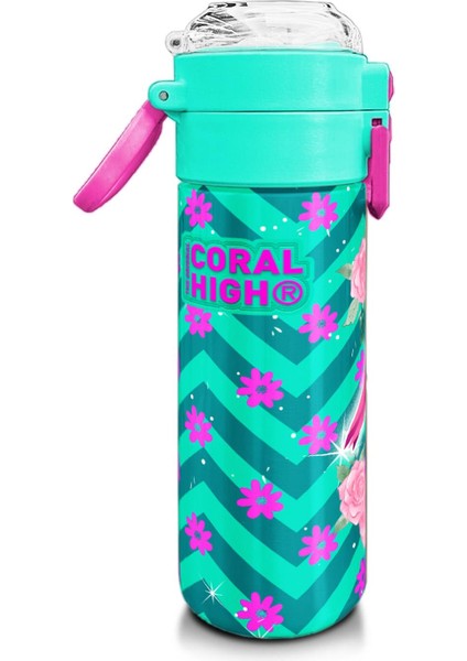 Kids Su Yeşili Pembe Flamingo Desenli Pipetli ve Direkt Içim Çelik Termos 500 ml 31820