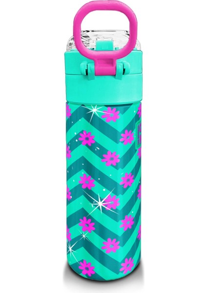 Kids Su Yeşili Pembe Flamingo Desenli Pipetli ve Direkt Içim Çelik Termos 500 ml 31820