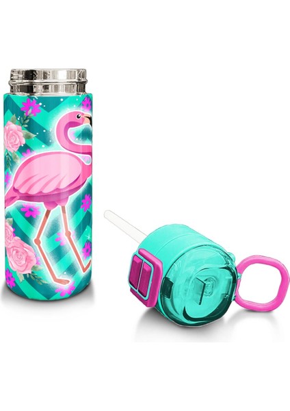 Kids Su Yeşili Pembe Flamingo Desenli Pipetli ve Direkt Içim Çelik Termos 500 ml 31820