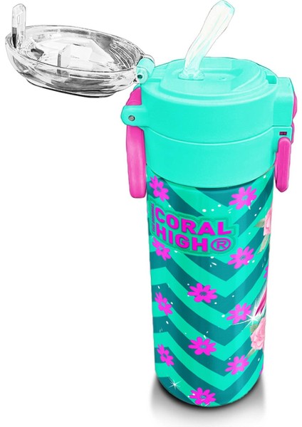 Kids Su Yeşili Pembe Flamingo Desenli Pipetli ve Direkt Içim Çelik Termos 500 ml 31820