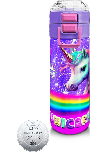 Kids Mor Unicorn Desenli Pipetli ve Direkt Içim Çelik Termos 500 ml 31837