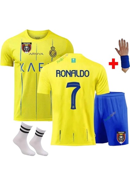 All Nassr Ronaldo Iç Saha Sarı Takım Çocuk Alt-Üst Takım T-Shrt +Şort+Çorap+Bileklik