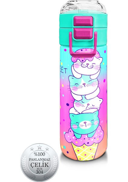 Kidsrenkli Dondurmalı Kedi Desenli Pipetli ve Direkt Içim Çelik Termos 500 ml 31812