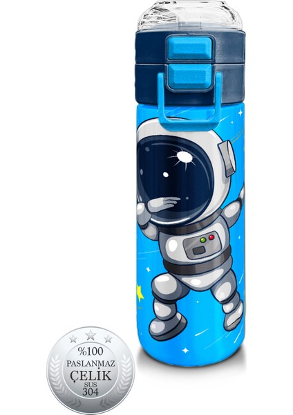 Kids Lacivert Mavi Astronot Desenli Pipetli ve Direkt Içim Çelik Termos 500 ml 31804
