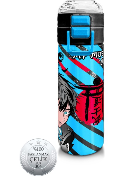 Kids Siyah Mavi Anime Desenli Pipetli ve Direkt Içim Çelik Termos 500 ml 31840