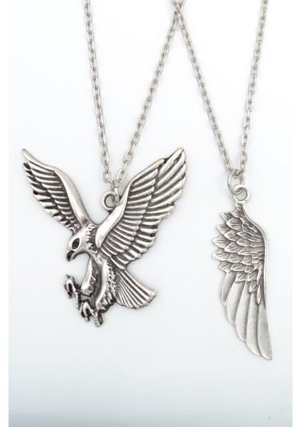 2'li Uçan Kartal - Kartal Melek Kanat Gümüş Kaplama Kolye Seti