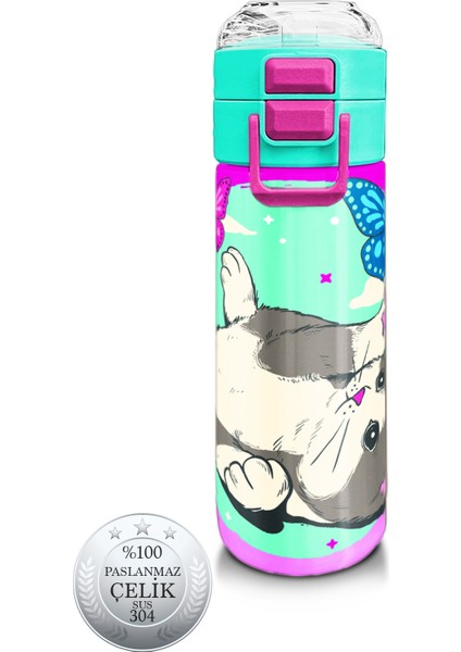 Kids Su Yeşili Pembe Kedi Desenli Pipetli ve Direkt Içim Çelik Termos 500 ml 31796