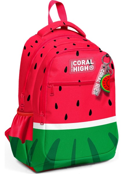 Kids Kırmızı Yeşil Karpuz Desenli Üç Bölmeli Okul Sırt Çantası 14428