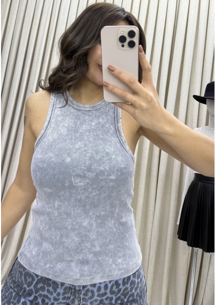 Fitilli Bluz Halter Yaka Basic Soluk Efektli