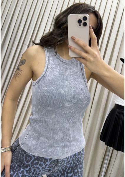Fitilli Bluz Halter Yaka Basic Soluk Efektli