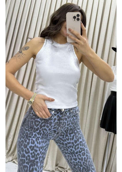 Fitilli Bluz Halter Yaka Basic-Beyaz