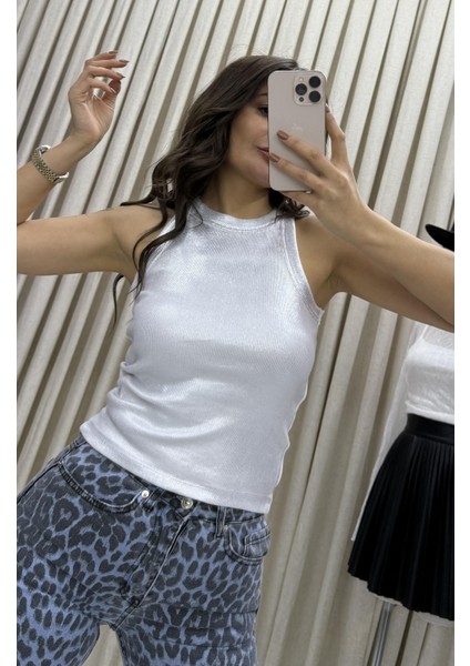 Fitilli Bluz Halter Yaka Basic-Beyaz