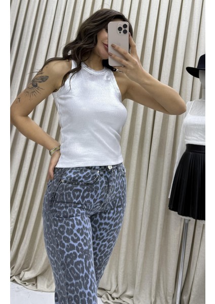 Fitilli Bluz Halter Yaka Basic-Beyaz