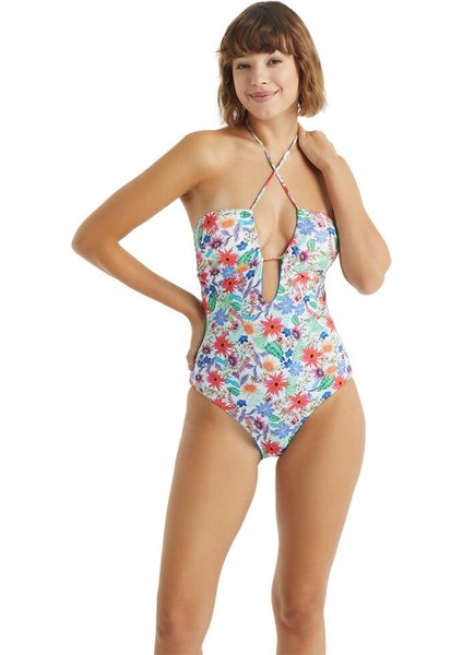 Kadın Straplez Boyundan Bağcıklı Beyaz Desenli Mayo C6T2N2O01