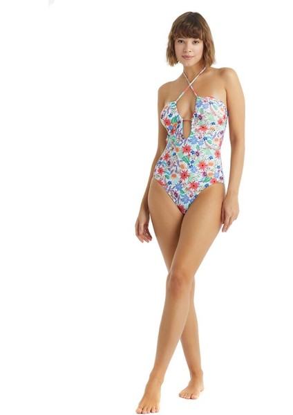 Kadın Straplez Boyundan Bağcıklı Beyaz Desenli Mayo C6T2N2O01 modelleri