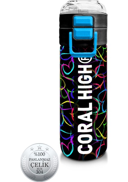 Kids Çok Renkli Kalp Desenli Pipetli ve Direkt Içim Çelik Termos 500 ml 31870