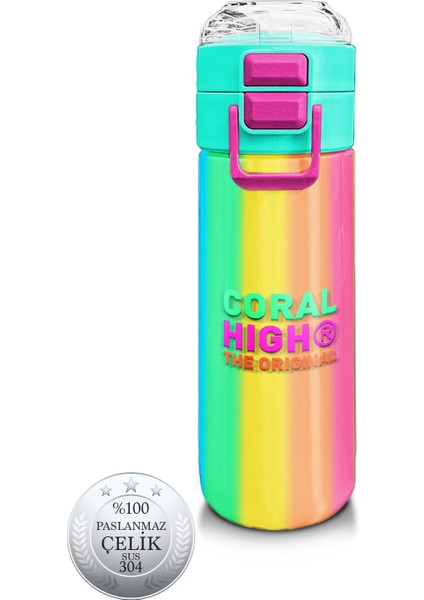 Kids Renkli Çizgili Desenli Pipetli ve Direkt Içim Çelik Termos 500 ml 31873