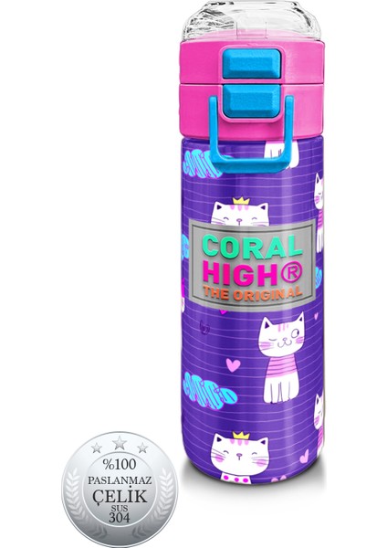 Kids Mor Pembe Kedi Desenli Pipetli ve Direkt Içim Çelik Termos 500 ml 31911