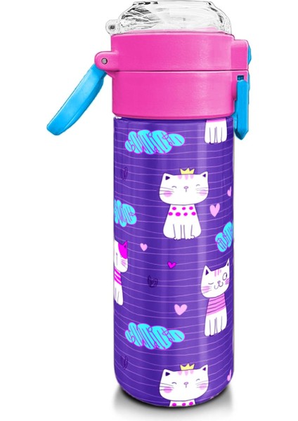 Kids Mor Pembe Kedi Desenli Pipetli ve Direkt Içim Çelik Termos 500 ml 31911