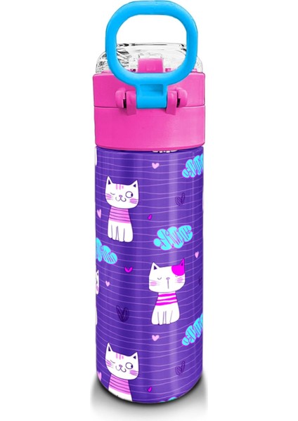 Kids Mor Pembe Kedi Desenli Pipetli ve Direkt Içim Çelik Termos 500 ml 31911