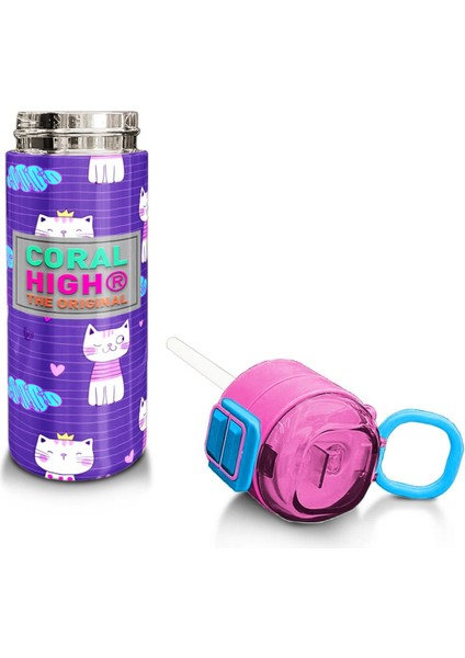 Kids Mor Pembe Kedi Desenli Pipetli ve Direkt Içim Çelik Termos 500 ml 31911