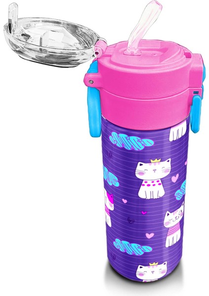Kids Mor Pembe Kedi Desenli Pipetli ve Direkt Içim Çelik Termos 500 ml 31911