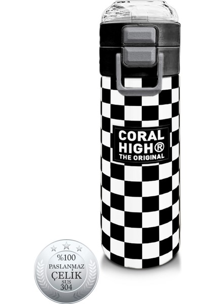 Kids Siyah Beyaz Dama Desenli Pipetli ve Direkt Içim Çelik Termos 500 ml 31877