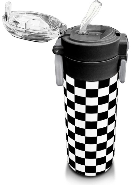 Kids Siyah Beyaz Dama Desenli Pipetli ve Direkt Içim Çelik Termos 500 ml 31877 indirimleri