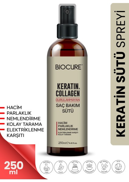 Keratin Collagen Durulanmayan Saç Bakım Sütü Hacim, Parlaklık Nemlendirme Kolay Tarama 250ML.