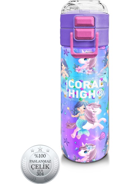 Kids Mor Pembe Unicorn Deniz Kızı Desenli Pipetli ve Direkt Içim Çelik Termos 500 ml 31982
