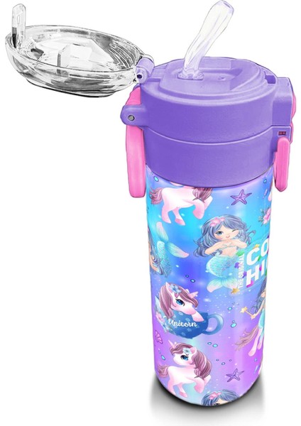 Kids Mor Pembe Unicorn Deniz Kızı Desenli Pipetli ve Direkt Içim Çelik Termos 500 ml 31982 indirimleri
