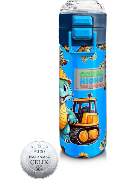 Kids Mavi Dinozor Desenli Pipetli ve Direkt Içim Çelik Termos 500 ml 31799