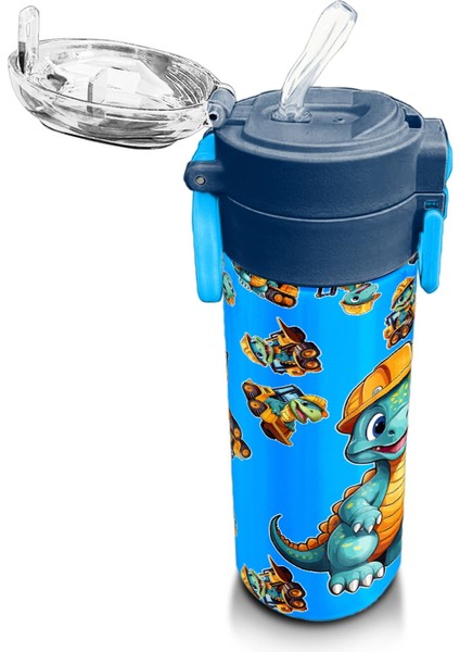 Kids Mavi Dinozor Desenli Pipetli ve Direkt Içim Çelik Termos 500 ml 31799