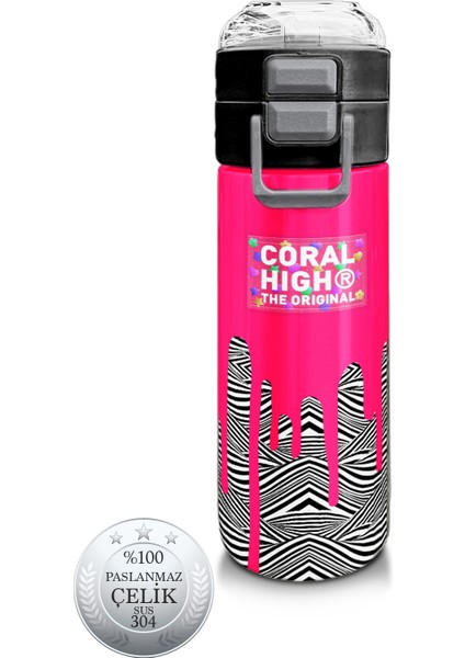 Kids Pembe Siyah Beyazdesenli Pipetli ve Direkt Içim Çelik Termos 500 ml 31878